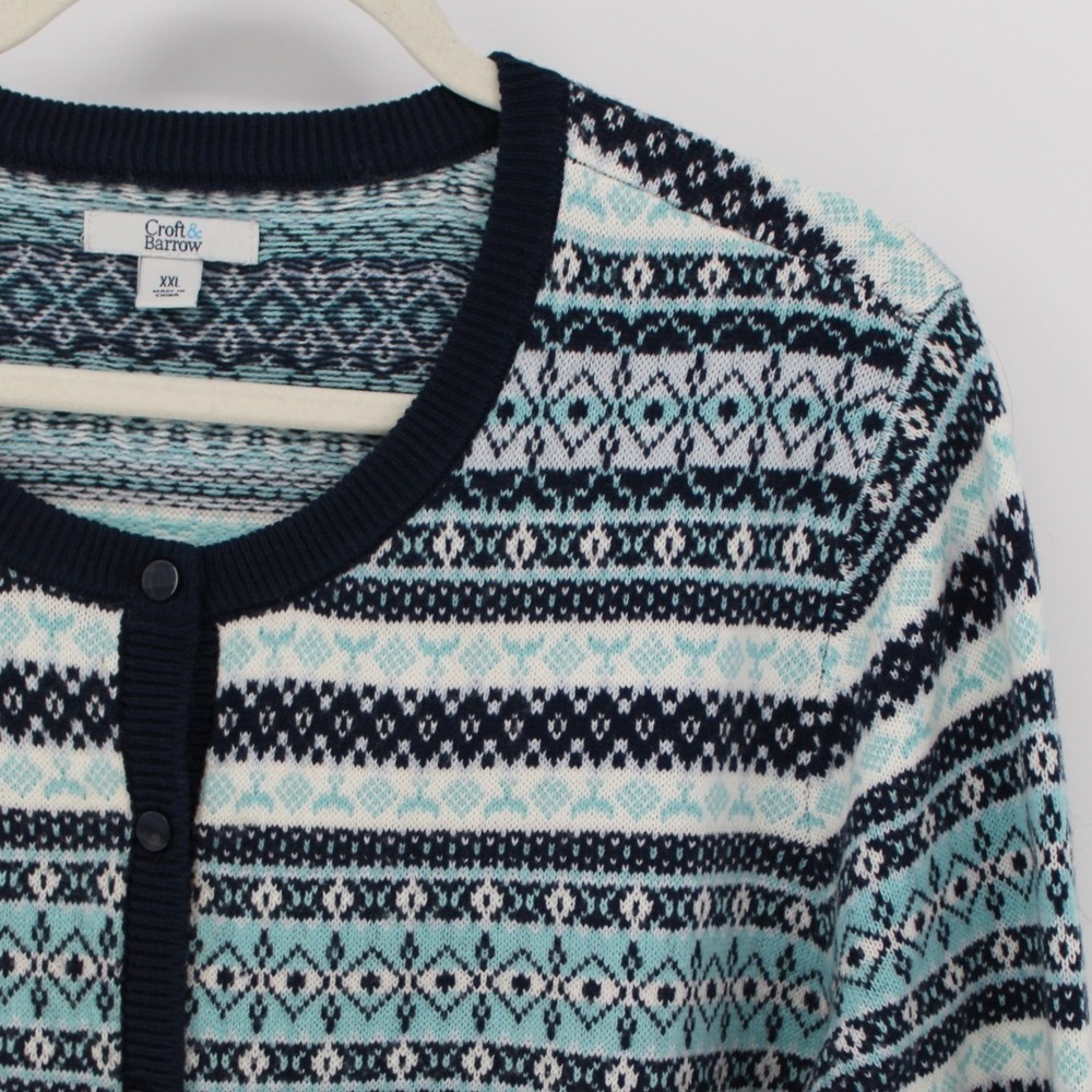 Croft‎ & Barrow $54 XXL Navy Teal White Fair Isle Button Front Knit Sweater - Picture 5 of 12